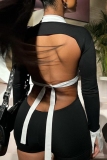 Black Contrast Party Club Hollow Out Backless Tie-back Turndown Collar Long Shirt Sleeve Skinny Rompers