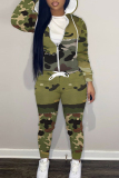 Dark Green Sportwear Abstract Camouflage Print Hooded Zip-up Long Sleeve Jacket and Pencil Sweatpants Fall Winter Two Pieces Sweatsuit Sets