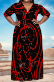 Brown Geometric Print V Neck 3/4 Sleeve Lace Up Casual Outing Vacation Straight Loose Maxi Dress