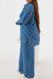 Blue Casual Plaid Rhombus See-Through Turndown Collar Button up Slit Long Sleeve Shirts and Wide Leg Pants Denim Two Pieces Matching Sets