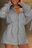 Grey Casual Zipper Collar Long Sleeve Fall Winter Straight Cotton Hooded Sweatshirt Mini Dresses