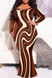 Brown Graphic Print O Neck Long Sleeve Floor Length Casual Outing Plus Size Bodycon Maxi Dress