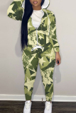 Dark Green Sportwear Abstract Camouflage Print Hooded Zip-up Long Sleeve Jacket and Pencil Sweatpants Fall Winter Two Pieces Sweatsuit Sets
