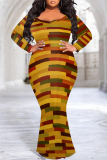Brown Graphic Print O Neck Long Sleeve Floor Length Casual Outing Plus Size Bodycon Maxi Dress