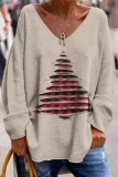 Red Christmas Sweatshirts Casual Loose Contrast Snowflake Snowman Print V Neck Long Sleeve Blouses Tops