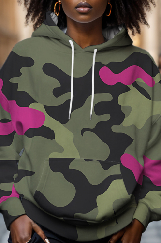 Brown Casual Camouflage Print Draw String Hooded Collar Long Sleeve Fall Winter Sweatshirts Tops