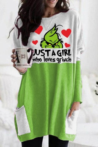 White Red Christmas Outfits Grinch Print O Neck Long Sleeve Loose Sweatshirt Mini Dresses