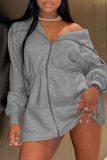 Grey Casual Zipper Collar Long Sleeve Fall Winter Straight Cotton Hooded Sweatshirt Mini Dresses