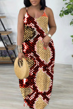 Red Casual Snakeskin Print Sleeveless Backless Spaghetti Strap Floor Length Casual Outing Straight Loose Maxi Slip Dress