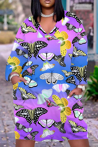Purple Blue Casual Graphcis Print V Neck Long Sleeve Long Plus Size Maxi Casual Outing Straight Loose Maxi Dress With Pocket