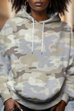 Brown Casual Camouflage Print Draw String Hooded Collar Long Sleeve Fall Winter Sweatshirts Tops