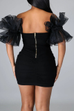 White Sleeveless Backless Zipper Asymmetrical Collar Mesh Sheer Puff Sleeve Wrapped Skirt Ruched Cocktail Bodycon Party Mini Dresses