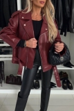 Wine Red PU Leather Casual Street Zipper Turndown Collar Long Sleeve Fall Winter Short Motorcycle Jackets Coats Outerwear