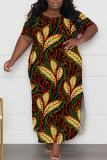 Brown African Casual Graphics Print O Neck Short Sleeve Long Side Slit Loose Vacation Plus Size Straight Maxi T-shirt Dresses