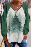 Green Loose Christmas Tree Santa Print Contrast V Neck Long Sleeve Fall Winter Blouses Tops