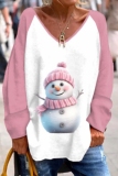 Red Christmas Sweatshirts Casual Loose Contrast Snowflake Snowman Print V Neck Long Sleeve Blouses Tops