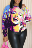 Black Purple Casual Figure Print Round Neck Long Sleeve Fall Winter Sweatshirts Tops