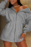 Grey Casual Zipper Collar Long Sleeve Fall Winter Straight Cotton Hooded Sweatshirt Mini Dresses