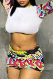 White Skinny Casual Letter Print Contrast Round Neck Long Sleeve Crop Tops T-shirts