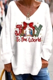 Red Christmas Sweatshirts Casual Loose Contrast Snowflake Snowman Print V Neck Long Sleeve Blouses Tops