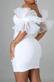 White Sleeveless Backless Zipper Asymmetrical Collar Mesh Sheer Puff Sleeve Wrapped Skirt Ruched Cocktail Bodycon Party Mini Dresses