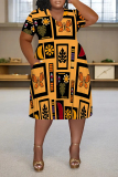 Orange Casual National Totem Graphics Print V Neck Short Sleeve Loose Pockets Midi T-Shirt Dress