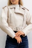 Off-white PU Casual Street Zipper Turndown Collar Long Sleeve Fall Winter Motorcycle Jackets Coats Outerwear