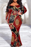 Brown Graphic Print O Neck Long Sleeve Floor Length Casual Outing Plus Size Bodycon Maxi Dress