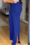 Blue Formal Office Lady Casual Side Slit Ruched Plus Size Pants