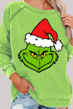 Green Christmas Cotton Grinch Print Round Neck Long Sleeve Fall Winter Sweatshirts Tops