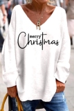 Green Loose Christmas Tree Santa Print Contrast V Neck Long Sleeve Fall Winter Blouses Tops