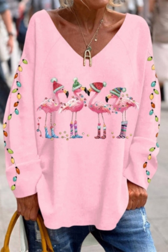 Red Christmas Sweatshirts Casual Loose Contrast Snowflake Snowman Print V Neck Long Sleeve Blouses Tops
