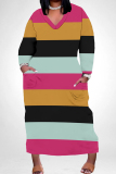 Brown Green Casual Stripe Print V Neck Long Sleeve Long Plus Size Maxi Casual Outing Straight Loose Maxi Dress With Pocket