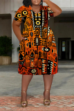 Orange Casual National Totem Graphics Print V Neck Short Sleeve Loose Pockets Midi T-Shirt Dress