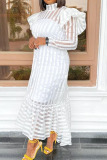 White Sweet Striped Print Asymmetrical Half A Turtleneck Puff Sleeve Flounce Ruffle Hem Vacation A Line Maxi Dresses