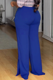 Blue Formal Office Lady Casual Side Slit Ruched Plus Size Pants
