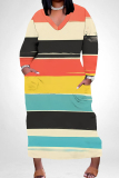 Brown Green Casual Stripe Print V Neck Long Sleeve Long Plus Size Maxi Casual Outing Straight Loose Maxi Dress With Pocket