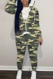Dark Green Sportwear Abstract Camouflage Print Hooded Zip-up Long Sleeve Jacket and Pencil Sweatpants Fall Winter Two Pieces Sweatsuit Sets