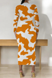 Orange Graphcis Print O Neck Long Sleeve Long Casual Outing Bodycon Maxi Dress