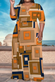 Brown Geometric Print V Neck 3/4 Sleeve Lace Up Casual Outing Vacation Straight Loose Maxi Dress