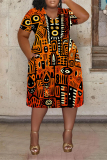 Orange Casual National Totem Graphics Print V Neck Short Sleeve Loose Pockets Midi T-Shirt Dress