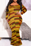 Brown Graphic Print O Neck Long Sleeve Floor Length Casual Outing Plus Size Bodycon Maxi Dress