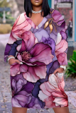 White Casual Floral Butterfly Print V Neck Long Sleeve Long Plus Size Maxi Casual Outing Straight Loose Maxi Dress With Pocket