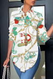 White  Loose Casual Abstract Chains Print Turndown Collar Slit Button up Long Sleeve Tops Shirts