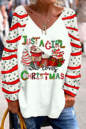 Green Loose Christmas Tree Santa Print Contrast V Neck Long Sleeve Fall Winter Blouses Tops