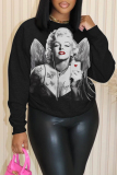 Black Purple Casual Figure Print Round Neck Long Sleeve Fall Winter Sweatshirts Tops
