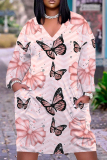 White Casual Floral Butterfly Print V Neck Long Sleeve Long Plus Size Maxi Casual Outing Straight Loose Maxi Dress With Pocket