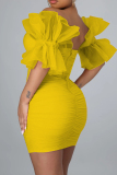 White Sleeveless Backless Zipper Asymmetrical Collar Mesh Sheer Puff Sleeve Wrapped Skirt Ruched Cocktail Bodycon Party Mini Dresses