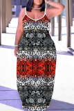 Rose Red Casual Graphcis Print Sleeveless Backless Spaghetti Strap Floor Length Casual Outing Straight Loose Maxi Slip Dress