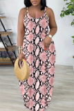 Red Casual Snakeskin Print Sleeveless Backless Spaghetti Strap Floor Length Casual Outing Straight Loose Maxi Slip Dress